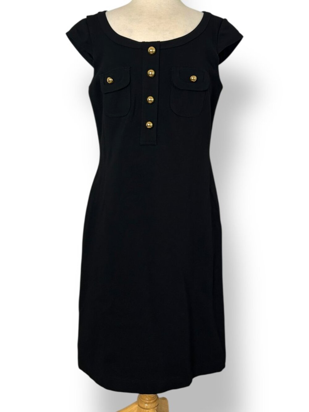 NWT Kay Unger Black A-Line Sheath Dress Cap Sleeves, Brass Buttons Size 14
